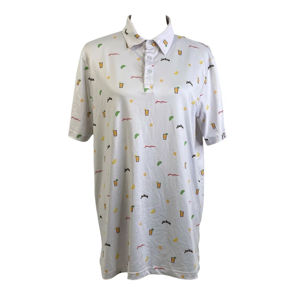 Jim Beam Polo Shirt Mens Medium White Multicolor Logo Athletic Short Sleeve